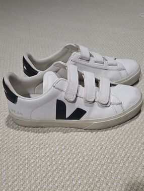 Veja White Leather Sneakers with Black V and Triple Velcro Straps